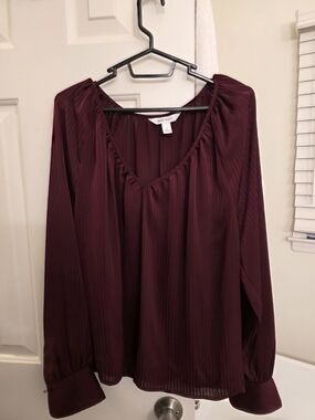 Nine West Wine-Red Long Sleeve V-Neck Peasant Blouse